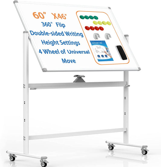 Mobile Whiteboard 48x36 inch Large 360° Rolling Adjustable White Board Easel with Stand on Wheels Locking, Double Sided Magnetic, for Home Office School, 15 Page FlipChart Pad Holder Marker Tray