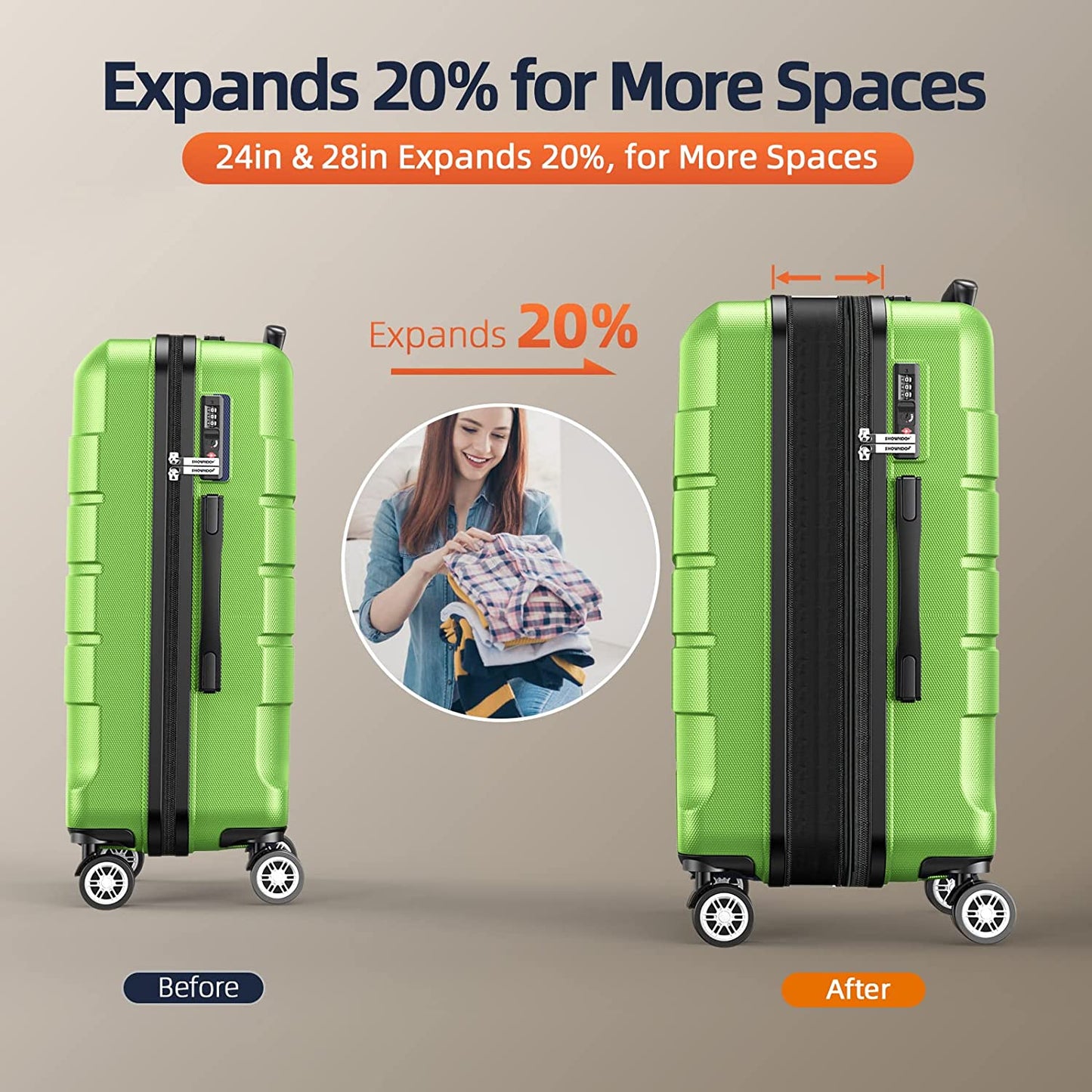 Luggage Sets Expandable PC+ABS Durable Suitcase Sets Double Wheels TSA Lock Green 3pcs