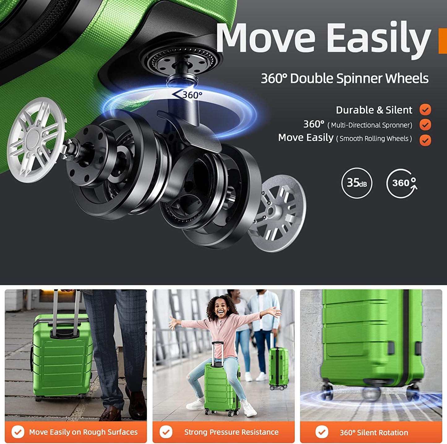 Luggage Sets Expandable PC+ABS Durable Suitcase Sets Double Wheels TSA Lock Green 3pcs