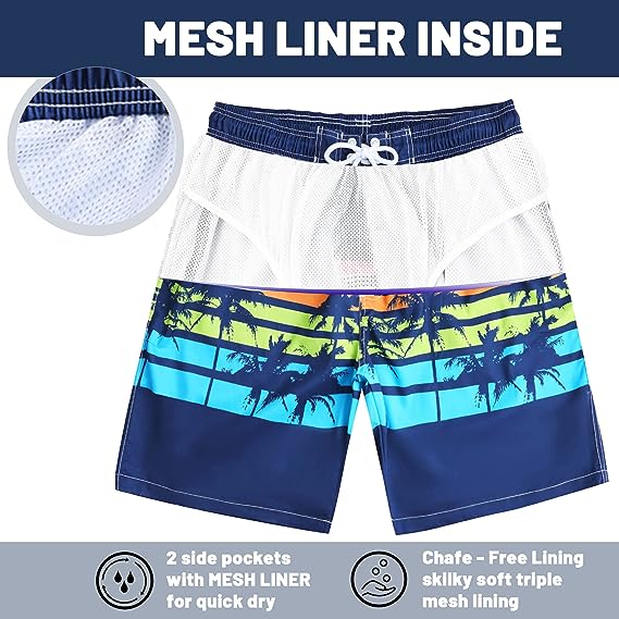 Mens Swim Trunks Long, Quick Dry Mens Boardshorts, 9 Inches Inseam Mens Bathing Suits with Mesh Lining