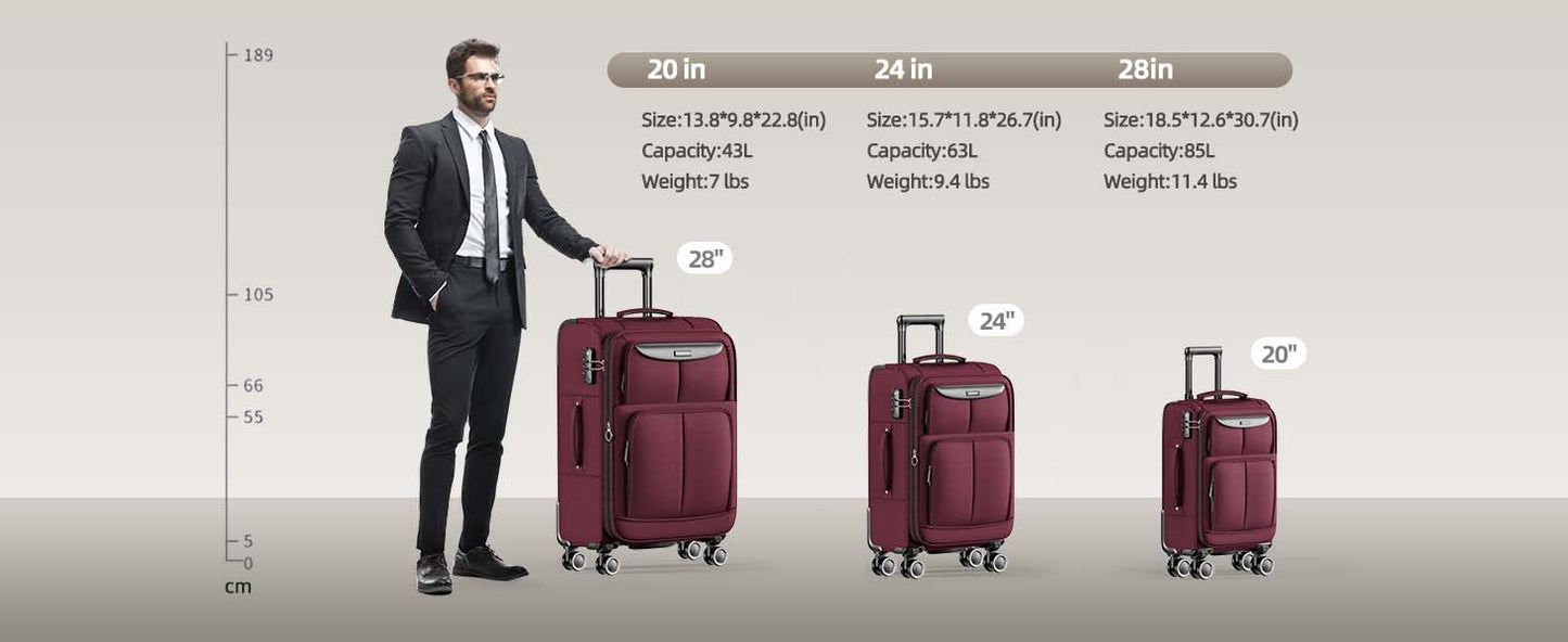Luggage Sets 3 Piece Softside Expandable Lightweight Durable Suitcase Sets Double Spinner Wheels TSA Lock Wine Red (20in/24in/28in)