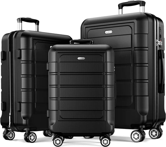 Black Luggage Sets Durable Suitcase Double Wheels TSA Lock 3pcs