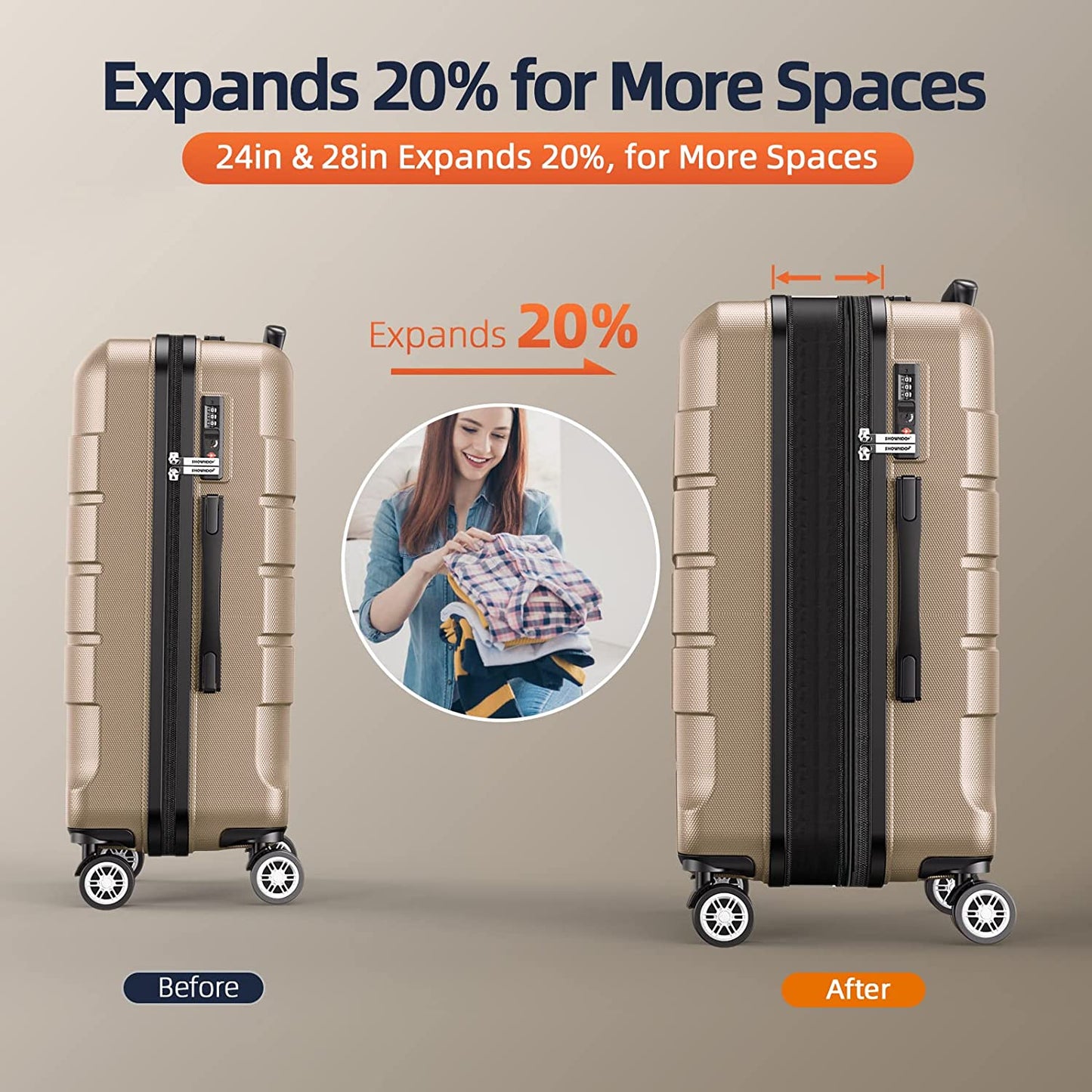 Expandable PC+ABS Durable Suitcase Sets Double Wheels TSA Lock Champagne