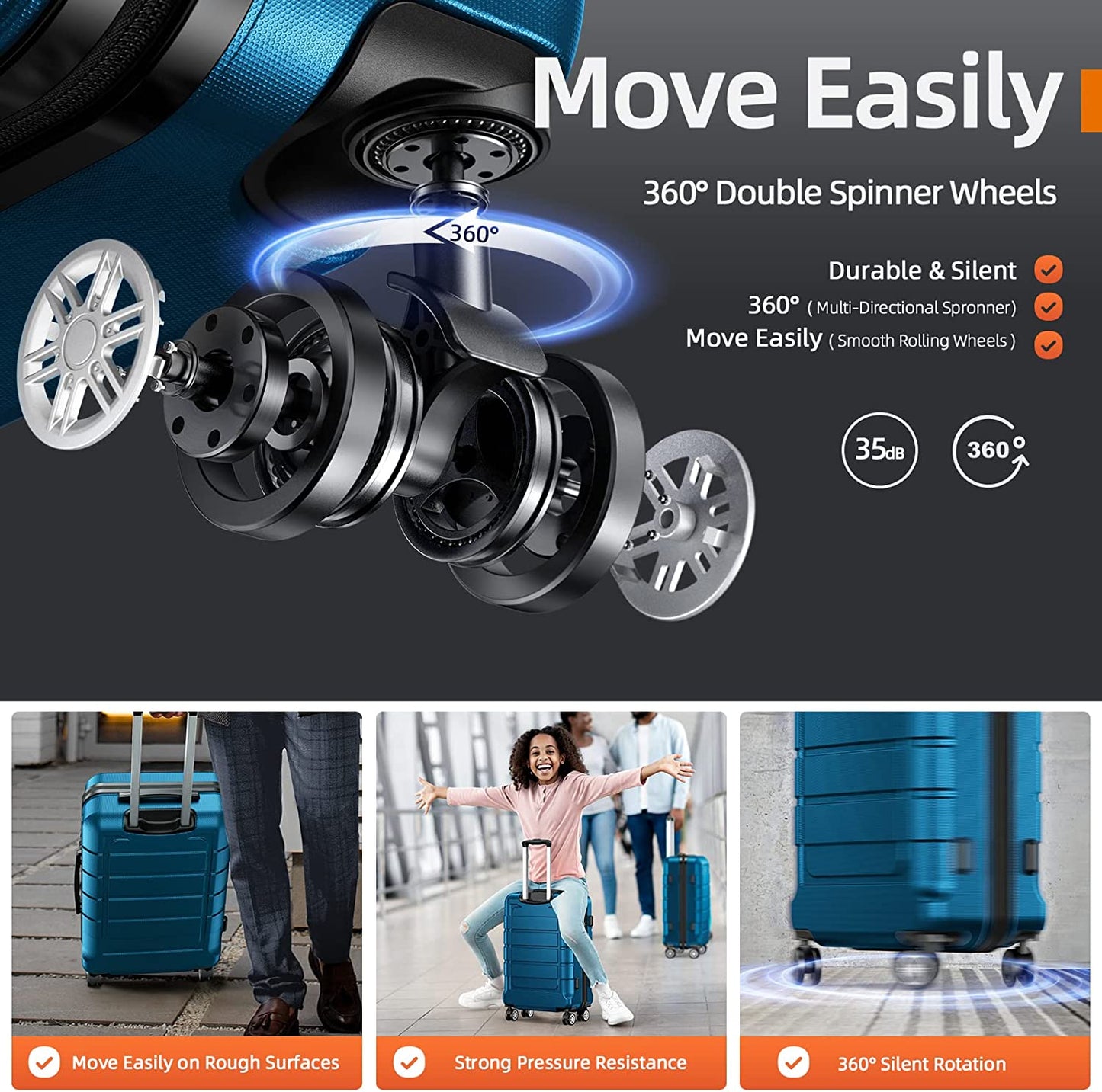 Suitcase Sets Double Wheels TSA Lock Sea Blue Luggage Sets Expandable PC+ABS Durable