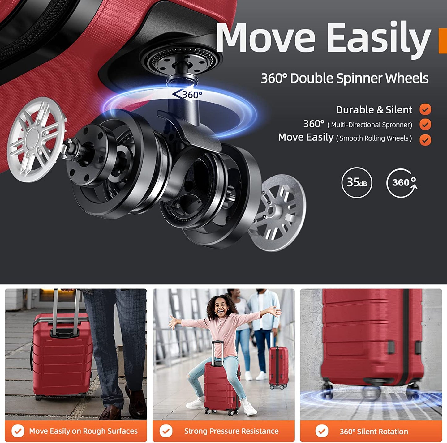 PC+ABS Durable Suitcase Double Wheels TSA Lock Bright Red