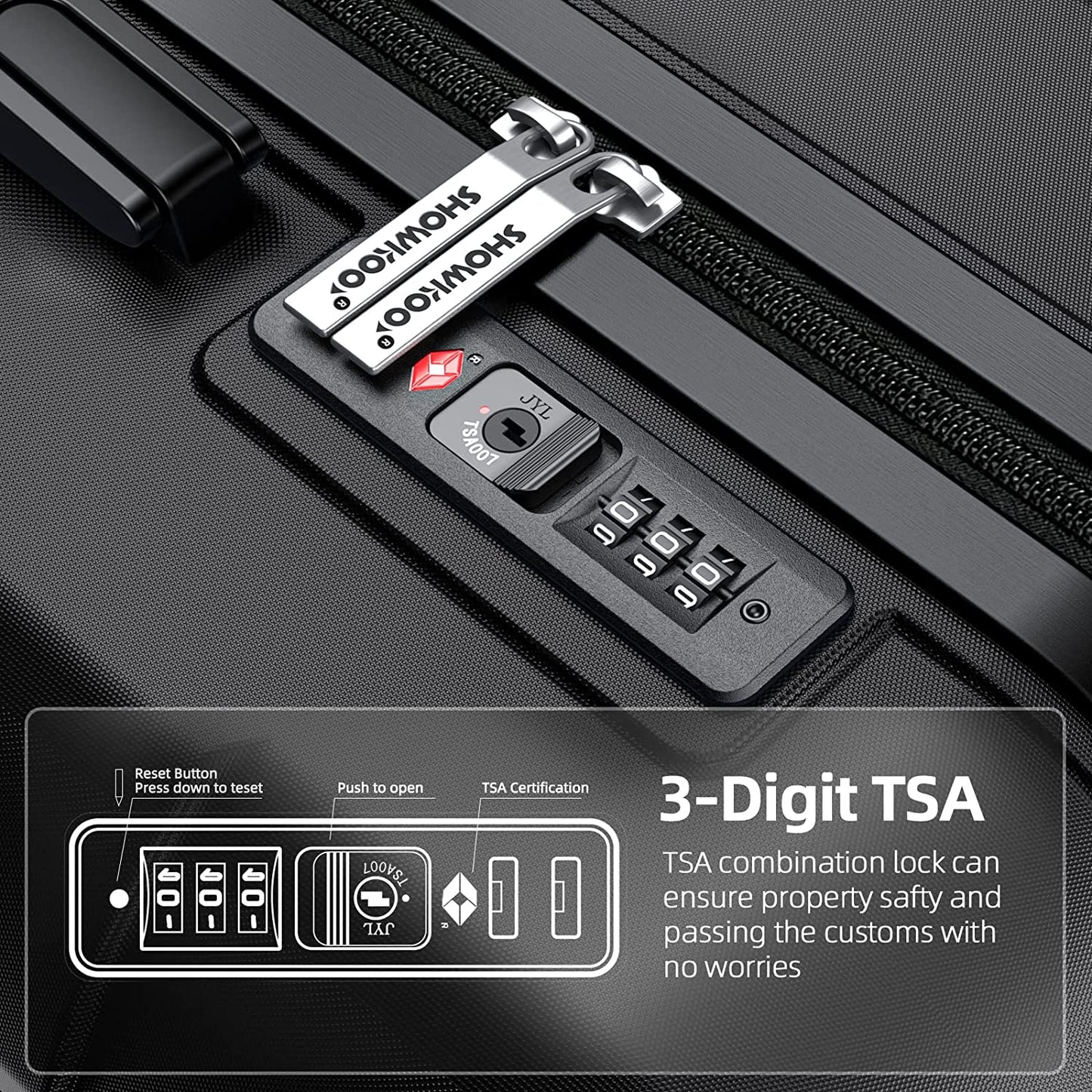 Black Luggage Sets Durable Suitcase Double Wheels TSA Lock 3pcs