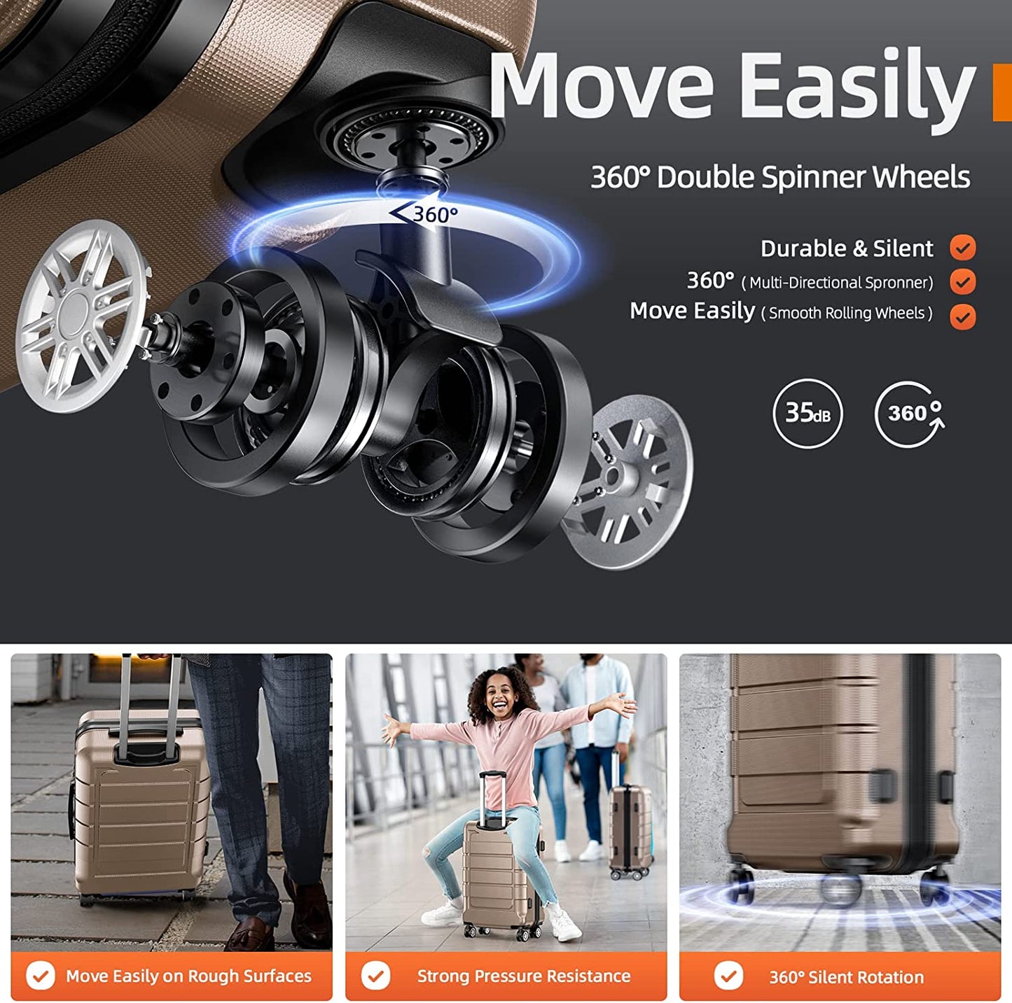 Expandable PC+ABS Durable Suitcase Sets Double Wheels TSA Lock Champagne