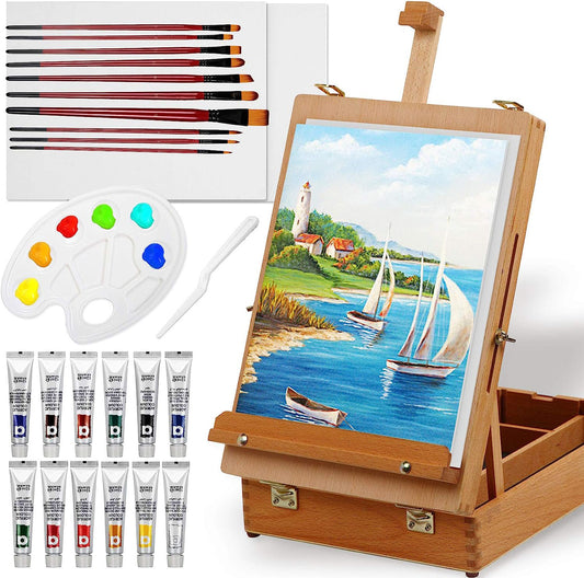 Art Easel Box Acrylic Paint Set with Portable Table Display Stand, Acrylic Paint, Canvas Panels