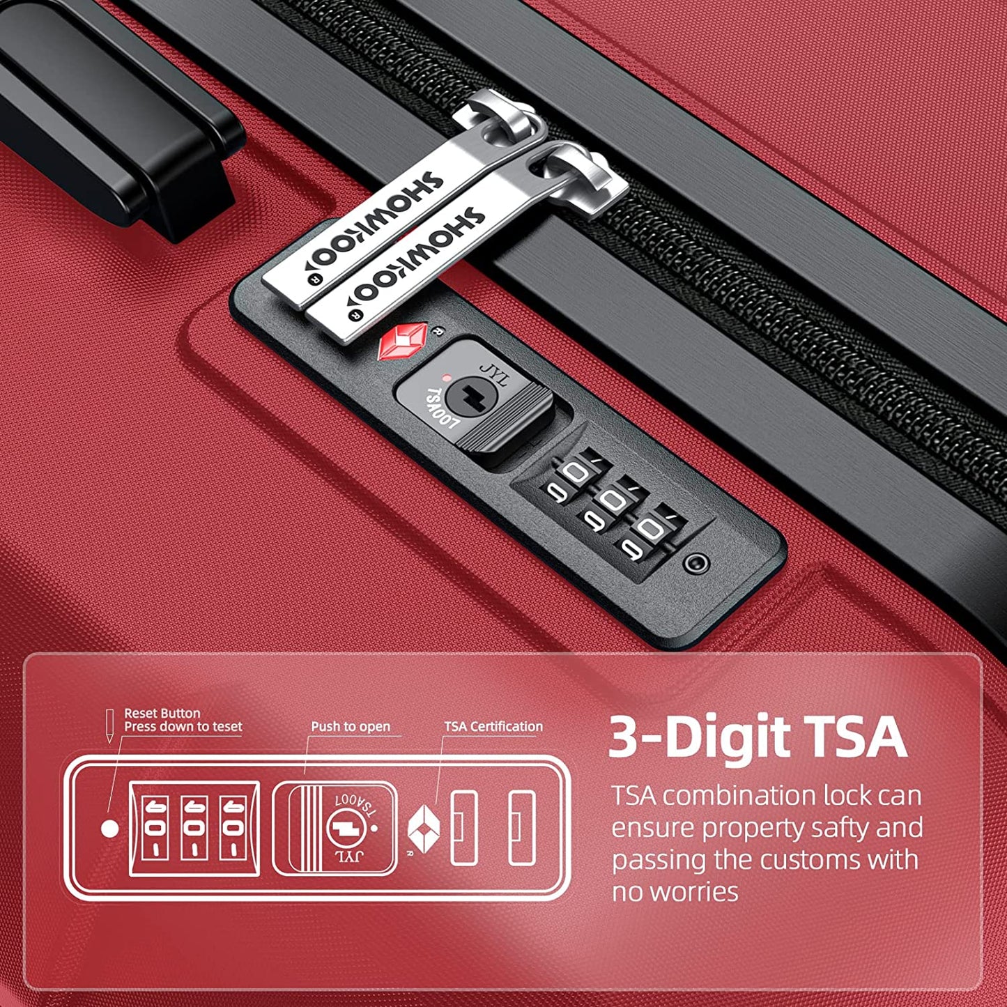 PC+ABS Durable Suitcase Double Wheels TSA Lock Bright Red