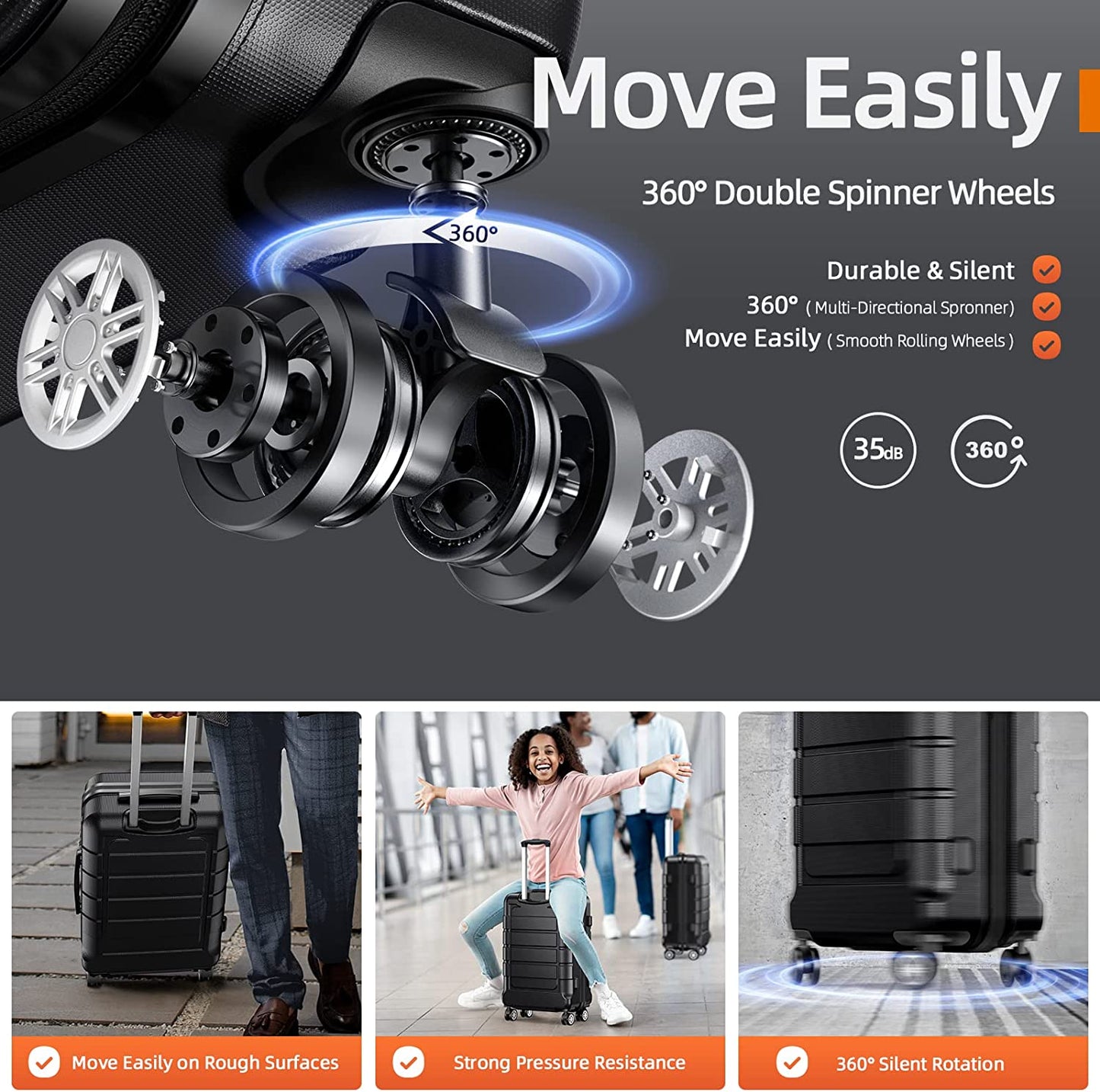 Black Luggage Sets Durable Suitcase Double Wheels TSA Lock 3pcs